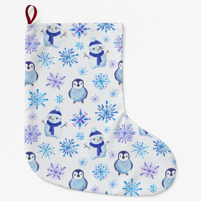 Christmas Snowflakes, Snowmen and Penguins Large Christmas Stocking (Front)