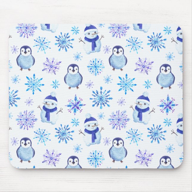 Christmas Snowflakes, Snowmen and Penguins Mouse Mat (Front)