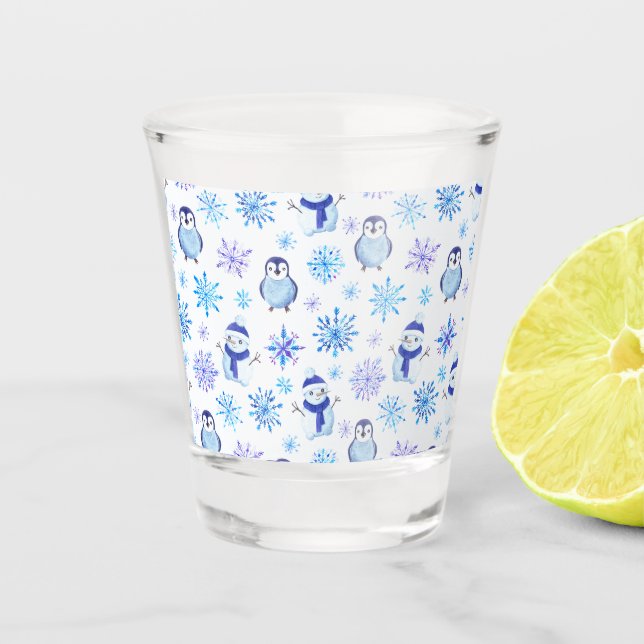 Christmas Snowflakes, Snowmen and Penguins Shot Glass (Front)