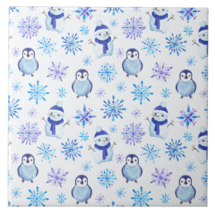 Christmas Snowflakes, Snowmen and Penguins Tile
