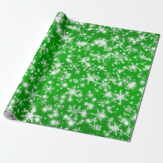Christmas  Snowflakes Sparkles in Green Wrapping Paper (Unrolled)