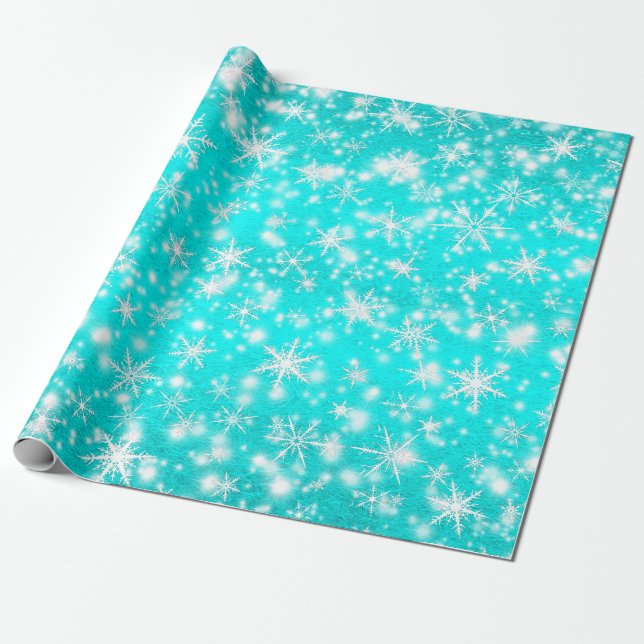 Christmas  Snowflakes Sparkles in Turquoise Wrapping Paper (Unrolled)