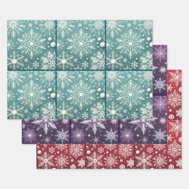 Christmas Snowflakes Teal Red Purple Decoupage Wrapping Paper Sheet (Set)