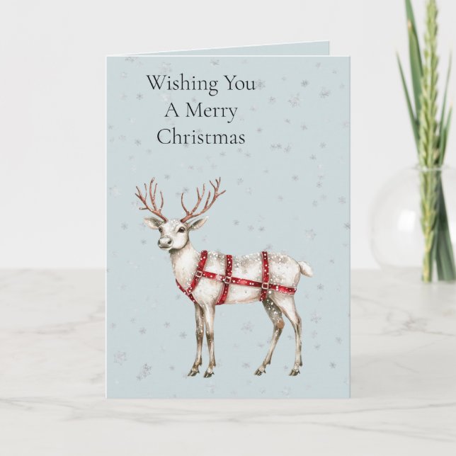 Christmas Snowflakes White Red Deer Card (Front)