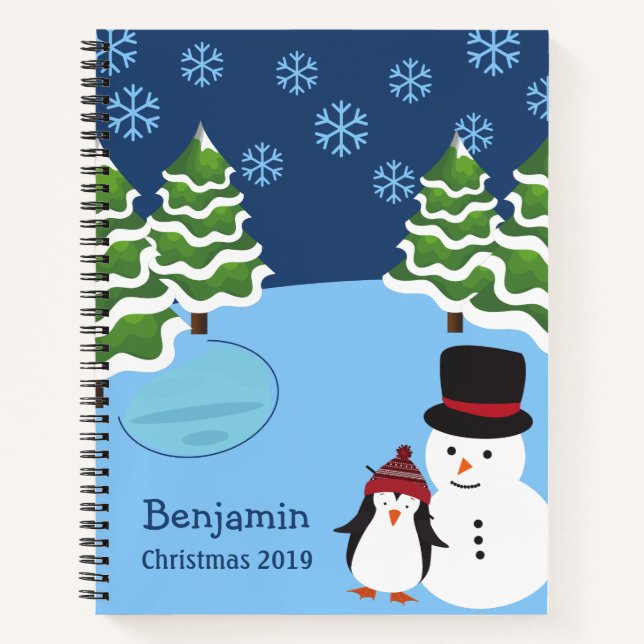 Christmas Snowflakes with Penguin and Name Notebook (Front)