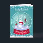 Christmas Snowglobe Snowman Cardinal Bird Cousin Holiday Card<br><div class="desc">Christmas Snowglobe Snowman with Cardinal Red birds in the snow and frosty snowflakes for your Cousin</div>