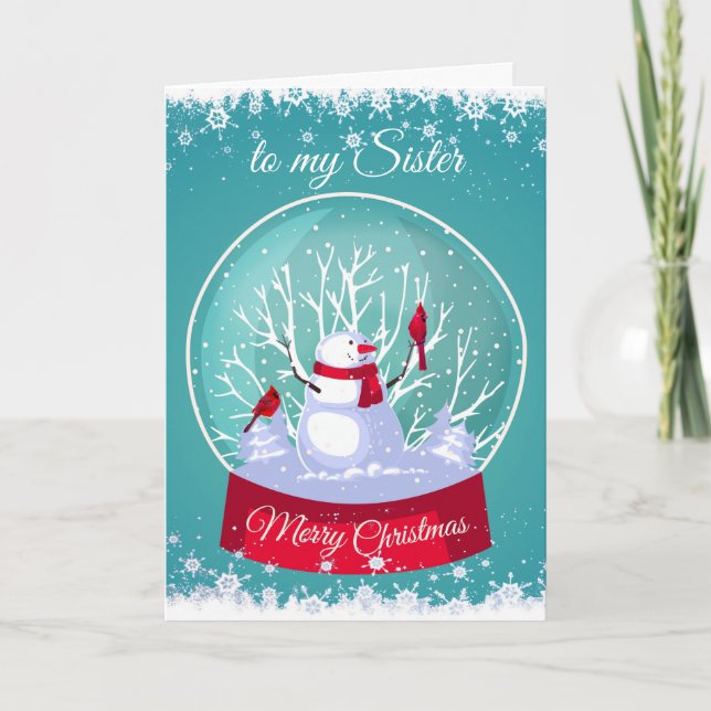 Christmas Snowglobe Snowman Cardinal Bird Sister Holiday Card (Front)