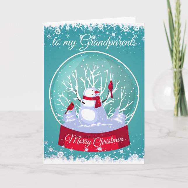 Christmas Snowglobe Snowman Cardinal Grandparents Holiday Card (Front)