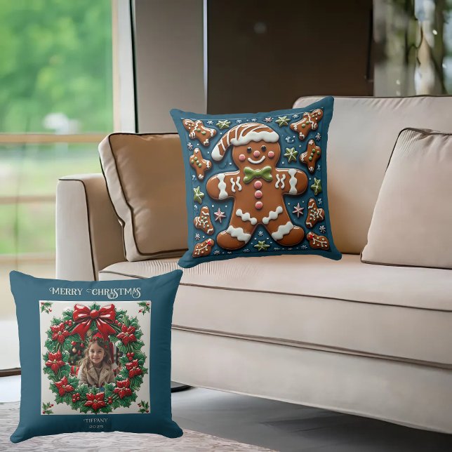 Christmas Snowing Gingerbread Man Throw Pillow (Creator Uploaded)
