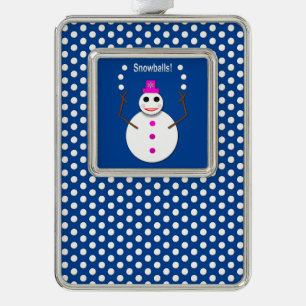 Christmas Snowlady Juggling Snowballs Funny Silver Plated Framed Ornament