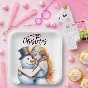 Christmas Snowman And A Girl Paper Plate