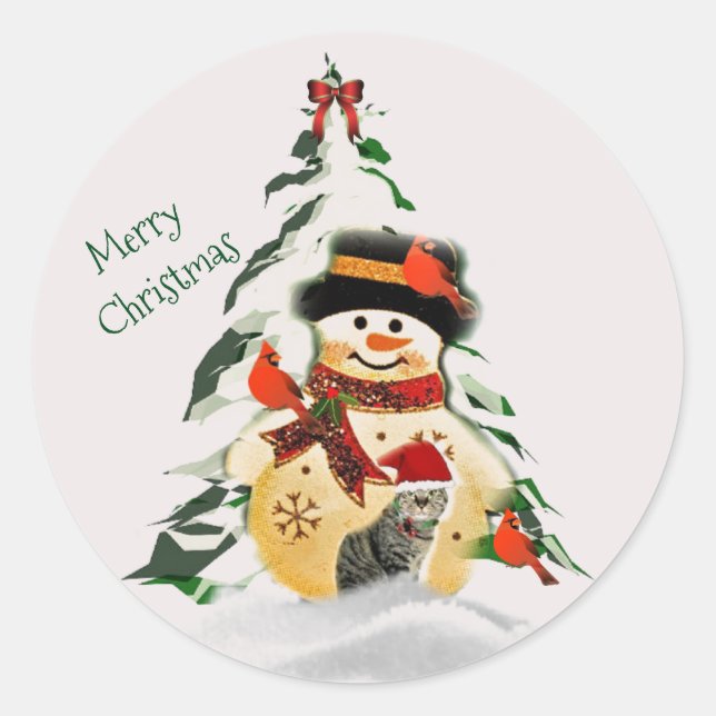 Christmas Snowman and Birds Round Sticker (Front)
