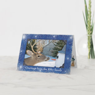 Christmas snowman and deer holiday card