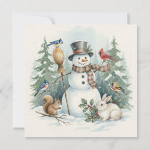 Christmas Snowman and Forest Birds, Animals Holiday Card
