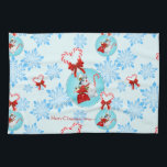 Christmas Snowman and Gentle Snowflakes Tea Towel<br><div class="desc">A cute Christmas Snowman cartoon and Christmas candy canes hearts with red ribbon and gentle blue snowflakes pattern.
Your cute and gentle Holidays addition.
Personalise by editing or deleting the text or click customise to further add your own touch.
Happy Christmas Holidays!</div>