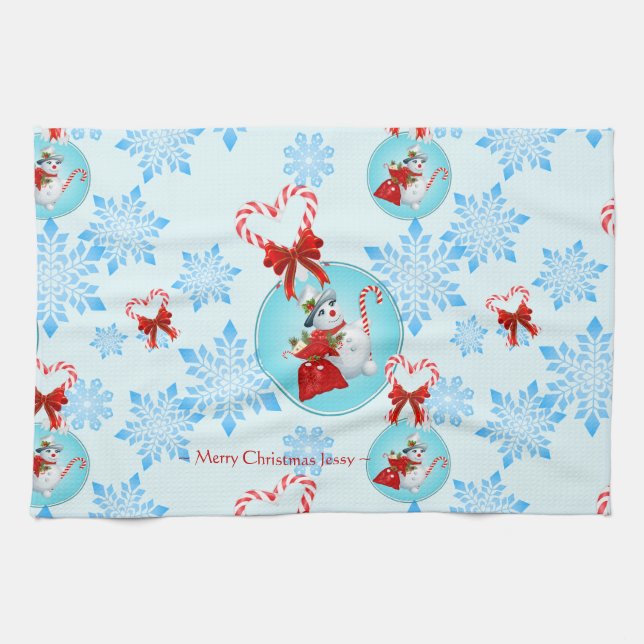 Christmas Snowman and Gentle Snowflakes Tea Towel (Horizontal)