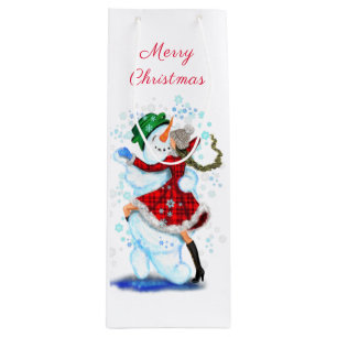 Christmas Snowman and Girl Dancing Wine Gift Bag