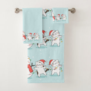 Christmas Snowman and Kittens Bath Towel Set