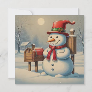 Christmas Snowman and Mailbox Illustration Holiday Card