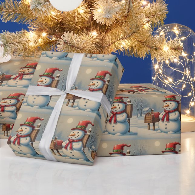 Christmas Snowman and Mailbox Illustration  Wrapping Paper (Holidays)