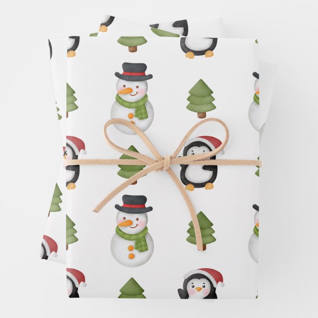 Christmas Snowman and Penguin Wrapping Paper Sheet (In situ)