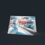 Christmas Snowman and Red Retro Truck Holiday Card<br><div class="desc">A cheerful snowman stands beside a road as a vintage red truck drives by in a snowy landscape from a business to a customer.
All text can be changed.</div>