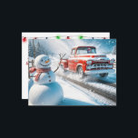 Christmas Snowman and Red Retro Truck Holiday Postcard<br><div class="desc">A cheerful snowman stands beside a road as a vintage red truck drives by in a snowy landscape from a business to a customer.
All text can be changed.</div>