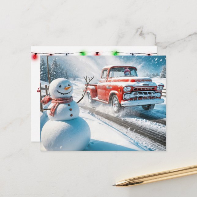 Christmas Snowman and Red Retro Truck Holiday Postcard (Front/Back In Situ)