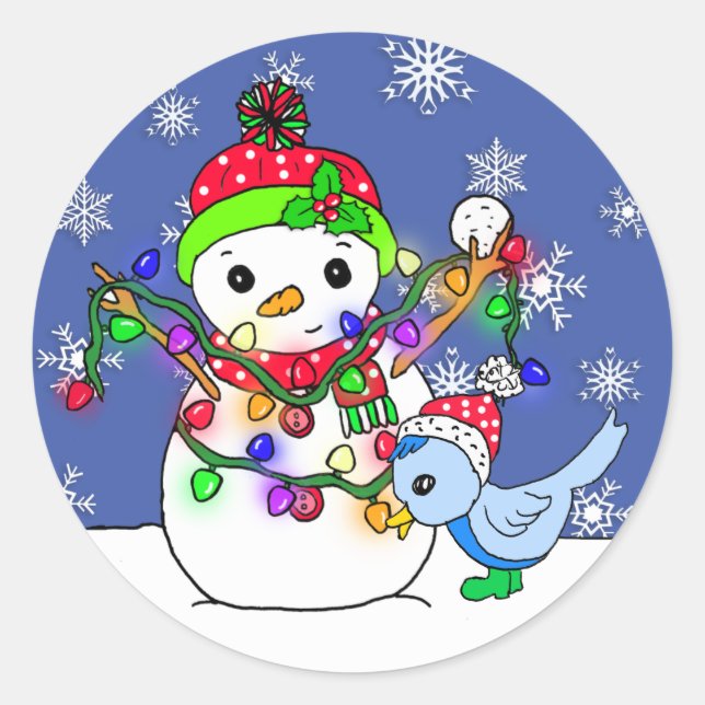 Christmas Snowman and Snow Blue Bird Classic Round Sticker (Front)