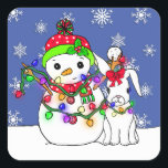 Christmas Snowman and Snow Bunny Square Sticker<br><div class="desc">Cute hand drawn whimsical cartoon snowman and little white bunny,  with red and green accents and pretty falling snowflakes. These are adorable to seal Christmas card envelopes or candy favour bags.</div>