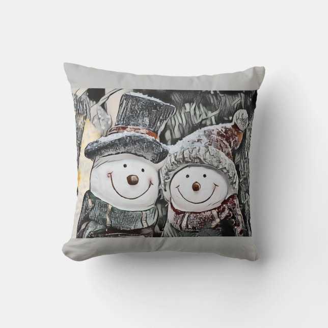 Christmas Snowman and Snow woman Throw Pillow (Front)