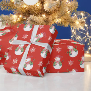 Christmas Snowman and Snowflakes Red Wrapping Paper