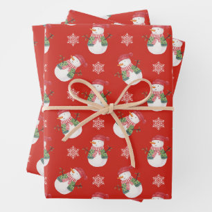 Christmas Snowman and Snowflakes Red  Wrapping Paper Sheet