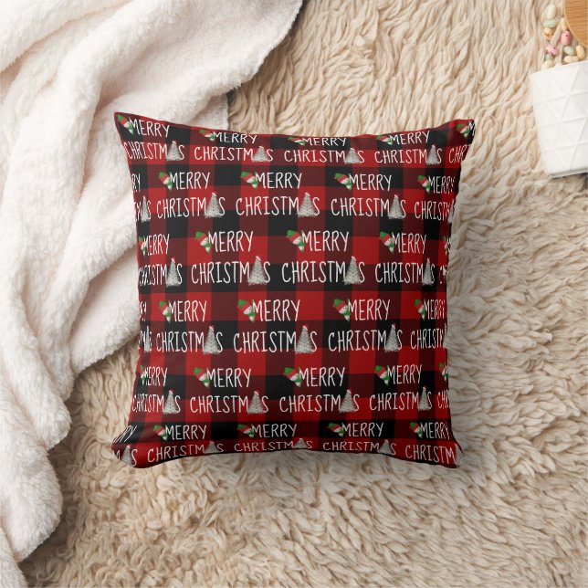 Christmas Snowman and Tree On Buffalo Plaid Cushion (Blanket)