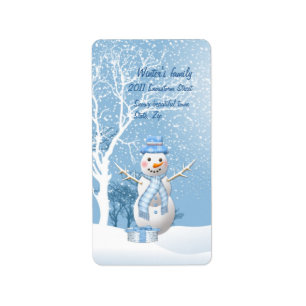 Christmas snowman and trees Label