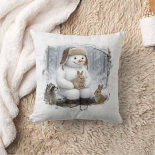 Christmas Snowman and Wildlife In Winter Woods Cushion