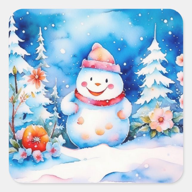 Christmas Snowman and Winter Flowers Square Sticker (Front)