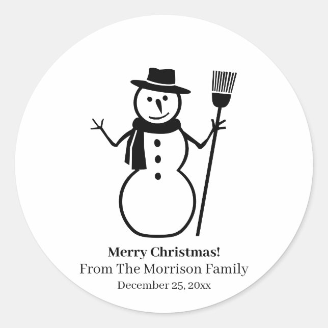 Christmas snowman black white custom name date classic round sticker (Front)