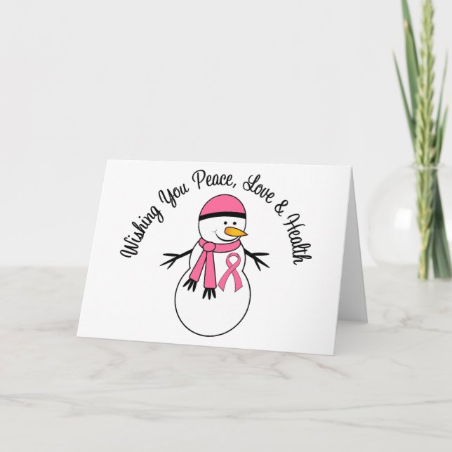 Christmas Snowman Breast Cancer Ribbon Holiday Card (Front)
