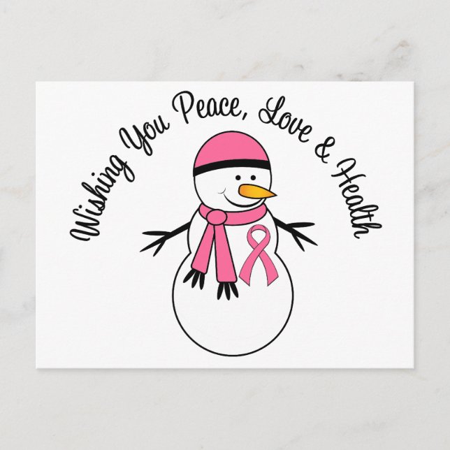 Christmas Snowman Breast Cancer Ribbon Holiday Postcard (Front)