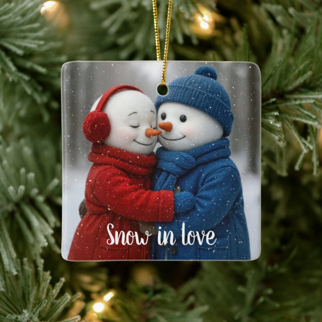 Christmas Snowman Couple in Snowflakes Ceramic Ornament (Tree)