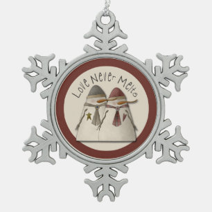 Christmas Snowman Couple Snowflake Pewter Christmas Ornament