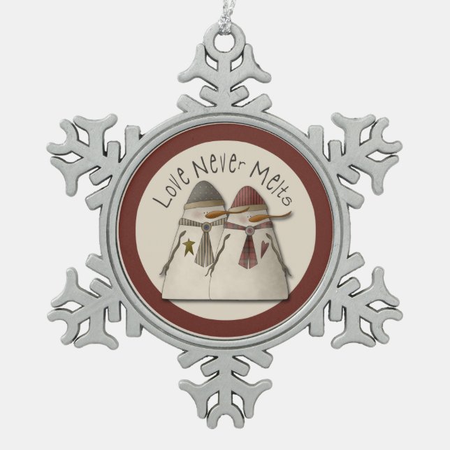 Christmas Snowman Couple Snowflake Pewter Christmas Ornament (Front)