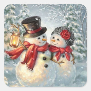 Christmas Snowman Couple Square Sticker