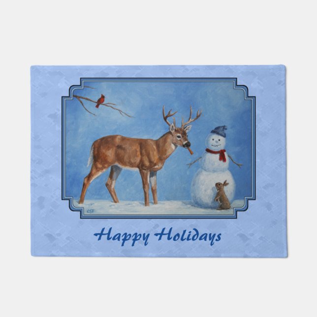 Christmas Snowman Deer Cute Bunny Blue Doormat (Front)