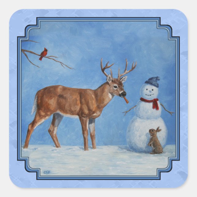 Christmas Snowman Deer Cute Bunny Blue Square Sticker (Front)