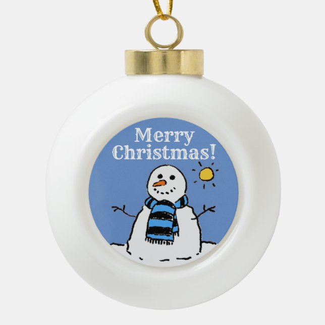 Christmas Snowman Design with Merry Christmas Ceramic Ball Christmas Ornament (Front)