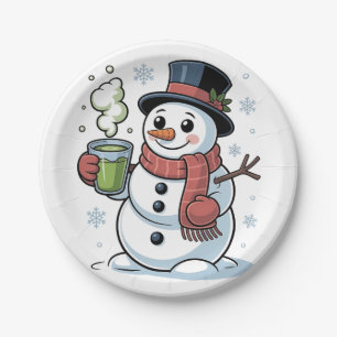 Christmas Snowman Drinkinh Green Matcha Paper Plate