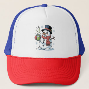 Christmas Snowman Drinkinh Green Matcha Trucker Hat