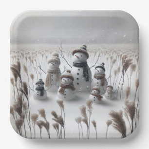 Christmas Snowman Family In Country Field Paper Plate